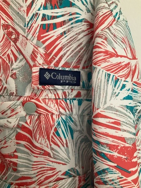 Columbia Super Tamiami PFG Coral & Teal Tropical Short-Sleeve Button-Down Shirt - Picture 7 of 12